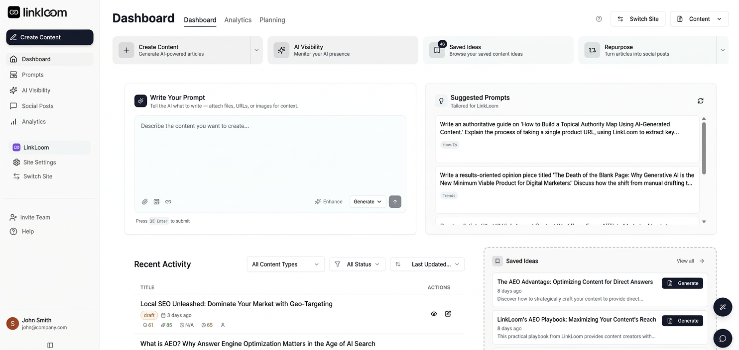 LinkLoom dashboard showing AI content creation, suggested prompts, and recent activity